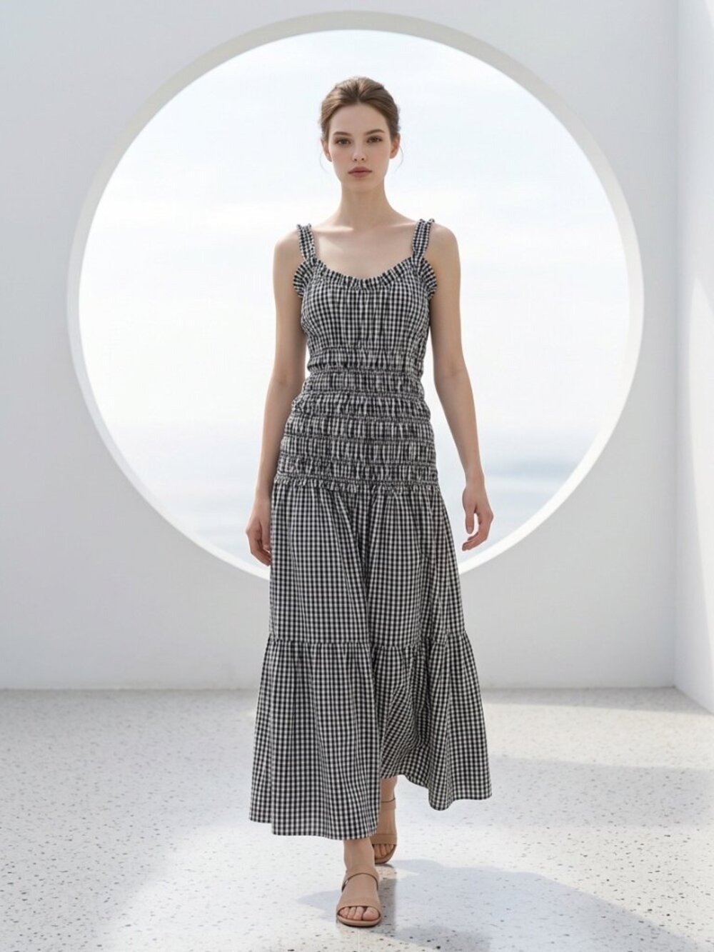 NWT Caroline Constas Blue Gingham Cotton Smocked Midi Dress S